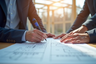 Réunion sur le chantier avec plans de construction