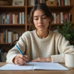 Jeune femme révisant une règle de grammaire française avec un stylo sur une feuille d'exercices annotée, dans un bureau cosy