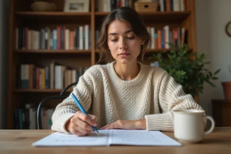 Jeune femme révisant une règle de grammaire française avec un stylo sur une feuille d'exercices annotée, dans un bureau cosy