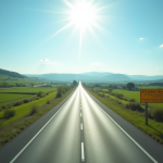 Route bretonne ensoleillee traversant la campagne verte