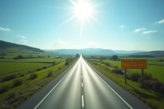 Route bretonne ensoleillee traversant la campagne verte