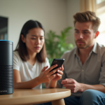 Salon moderne avec femme tenant un smartphone près d'un Echo