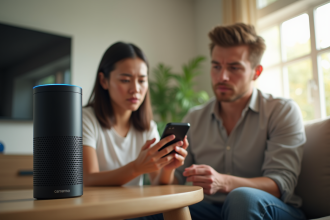 Salon moderne avec femme tenant un smartphone près d'un Echo