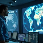 Scientiste homme dans un centre spatial observant la Terre