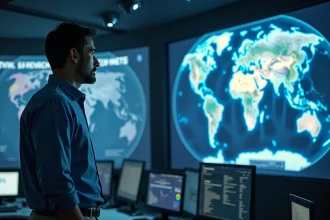 Scientiste homme dans un centre spatial observant la Terre