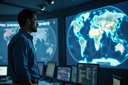 Scientiste homme dans un centre spatial observant la Terre