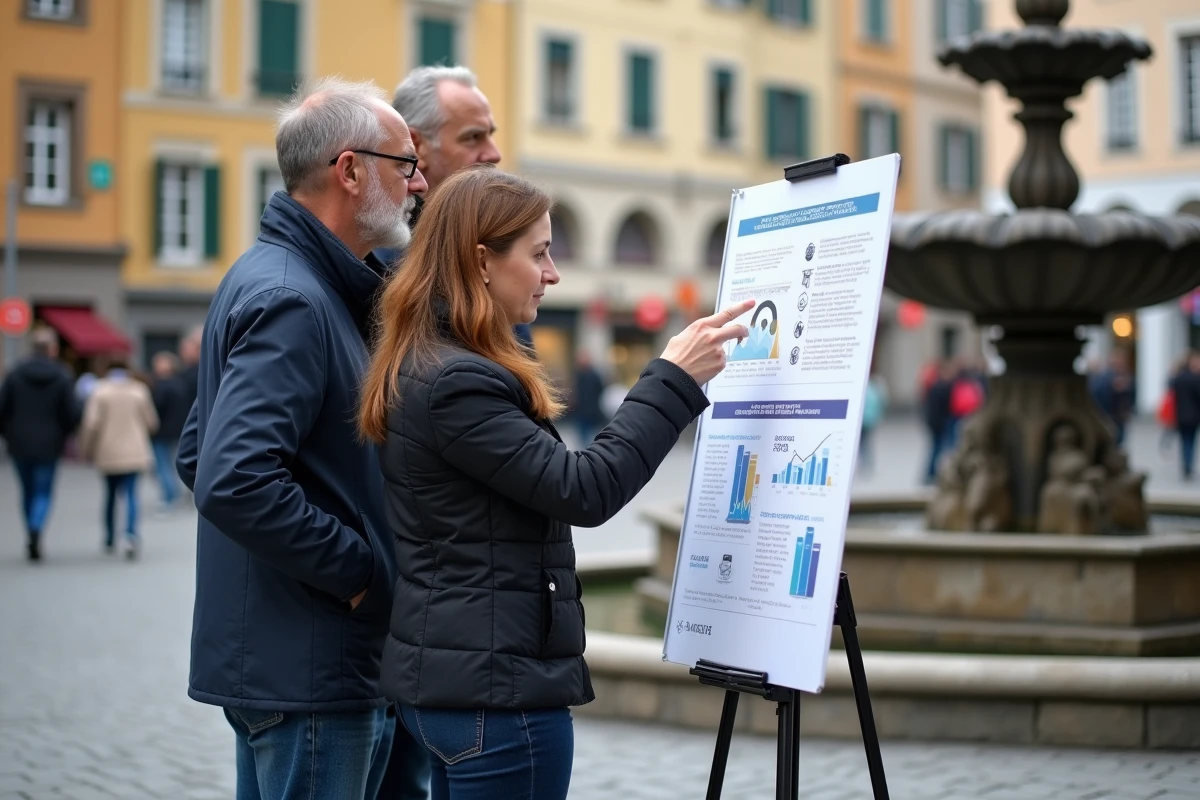 Trois adultes examinant une affiche de projet de science participative lors d'un événement de sensibilisation citoyenne sur une place publique urbaine