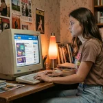Jeune femme française des années 2000 devant son Skyblog sur un ordinateur à écran cathodique dans une chambre parisienne décorée de posters