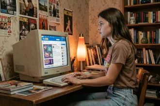 Jeune femme française des années 2000 devant son Skyblog sur un ordinateur à écran cathodique dans une chambre parisienne décorée de posters