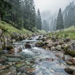 Source du Danube dans la Forêt-Noire en Allemagne, ruisseau étroit sur pierres mousse et forêt de conifères