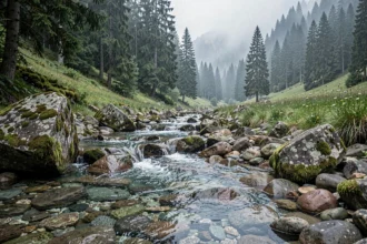 Source du Danube dans la Forêt-Noire en Allemagne, ruisseau étroit sur pierres mousse et forêt de conifères