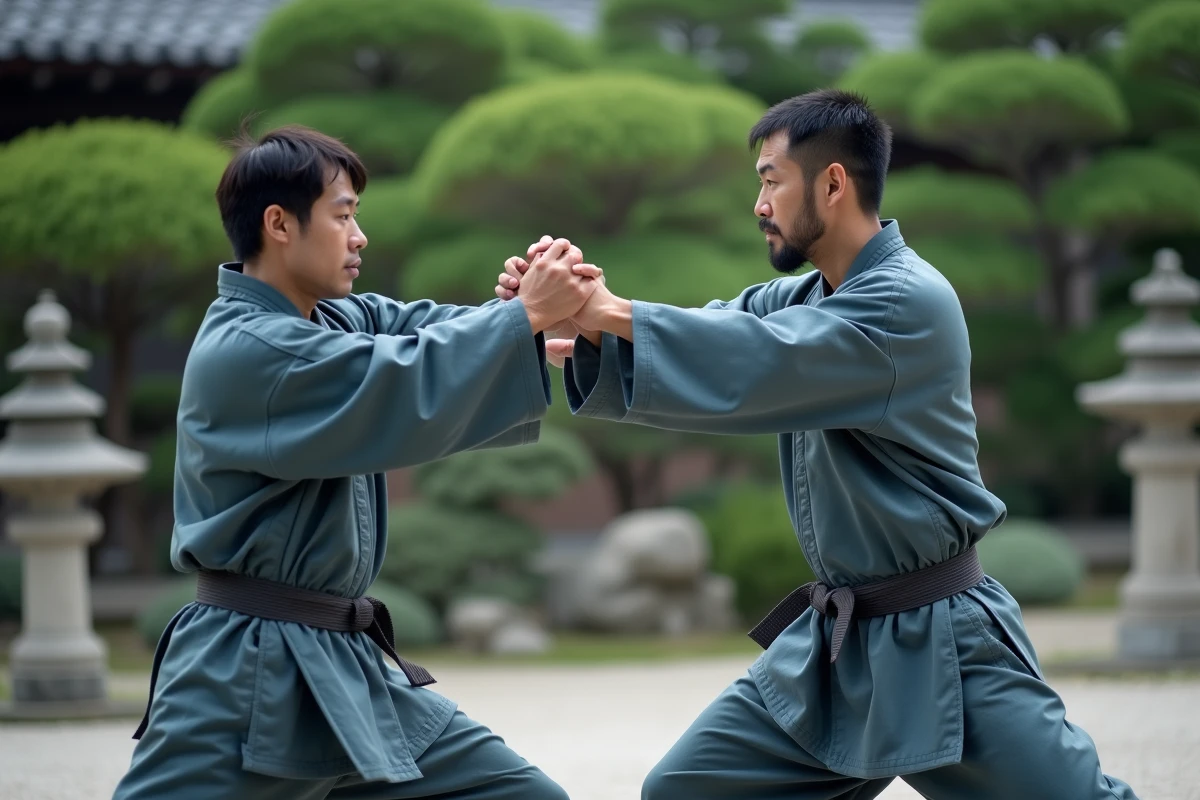 Deux pratiquants d'arts martiaux en sparring dans un jardin zen japonais, évoquant les techniques de saut temporel et de coups vitaux de Hit dans Dragon Ball Super