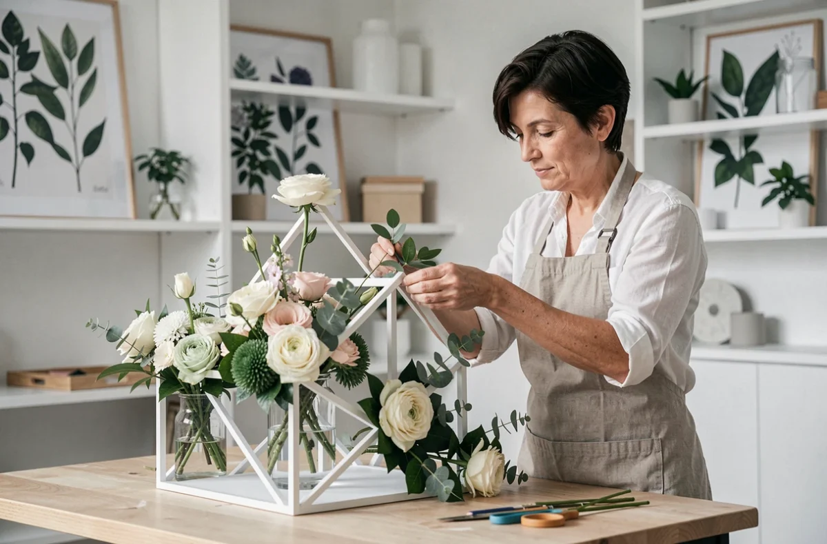 Fleuriste Sylvie Pelé arrangeant une composition florale design dans son atelier à Laval
