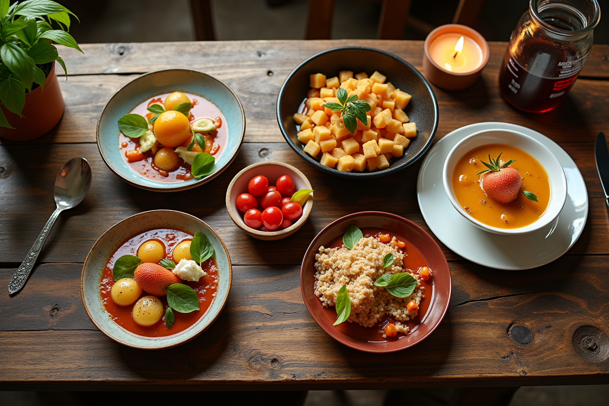 Table rustique avec plats gourmets aux fruits Ushaped