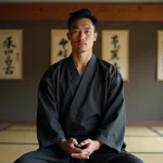 Artiste martial en gi sombre en posture de combat dans un dojo japonais traditionnel, illustration des techniques avancées de combat Dragon Ball Super