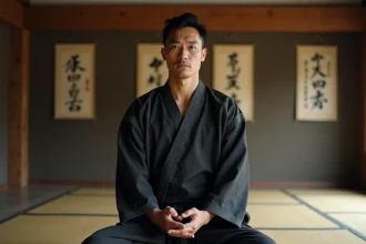 Artiste martial en gi sombre en posture de combat dans un dojo japonais traditionnel, illustration des techniques avancées de combat Dragon Ball Super