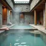 Intérieur d'un bain thermal japonais onsen avec piscine en pierre naturelle et vapeur d'eau minérale