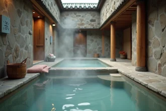 Intérieur d'un bain thermal japonais onsen avec piscine en pierre naturelle et vapeur d'eau minérale