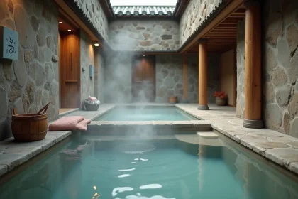 Intérieur d'un bain thermal japonais onsen avec piscine en pierre naturelle et vapeur d'eau minérale