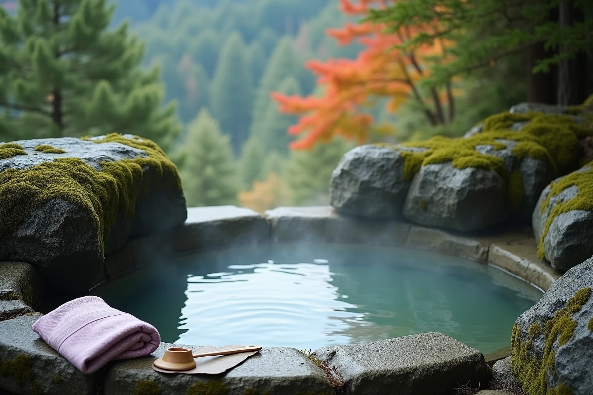 Bain thermal japonais en plein air rotenburo entouré de rochers moussus et d'une forêt de montagne