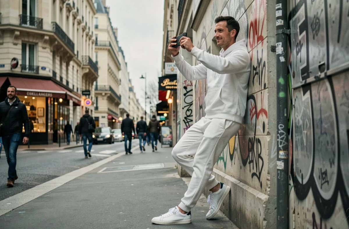 Jeune homme français filmant une vidéo TikTok en selfie dans une rue parisienne avec des graffitis et des façades haussmanniennes en arrière-plan