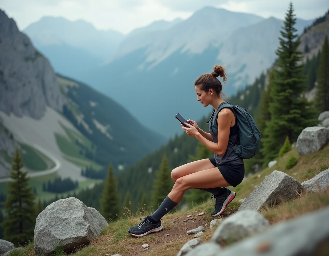 Traileuse vérifiant une application de conversion kilomètres-miles sur son téléphone en montagne