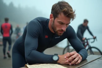 Triathlète consultant une montre GPS et une table de conversion miles-kilomètres avant une course