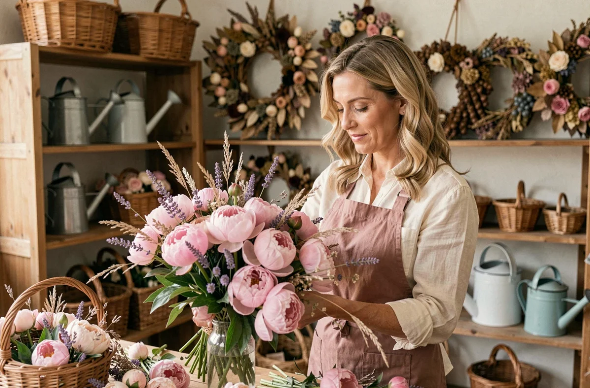 Fleuriste d'Un Été à la Campagne à Mayenne composant un bouquet champêtre avec pivoines et lavande