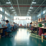 Usine de vetements modernes avec machines avancées et tissus colorés