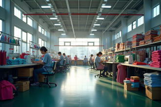 Usine de vetements modernes avec machines avancées et tissus colorés