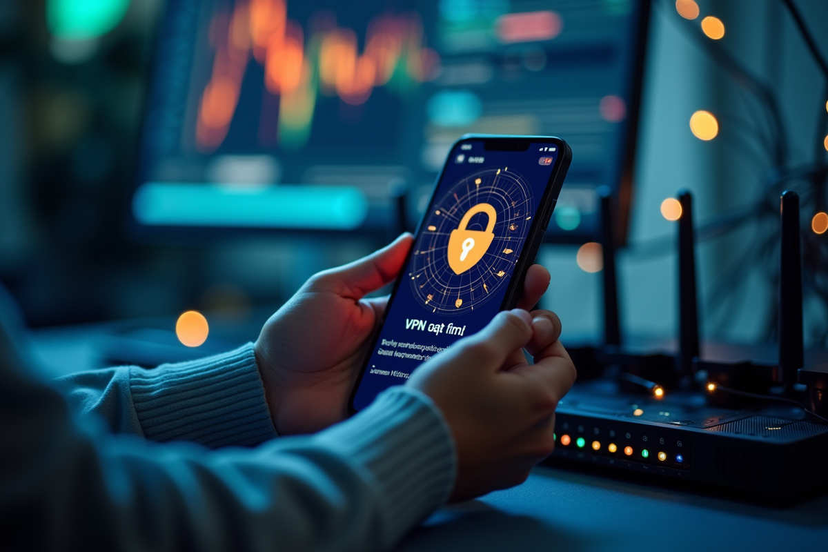 Mains tenant un smartphone avec une application VPN dans un espace moderne