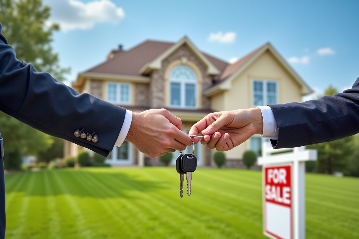 Sign de vente devant maison avec clés échangées entre deux mains