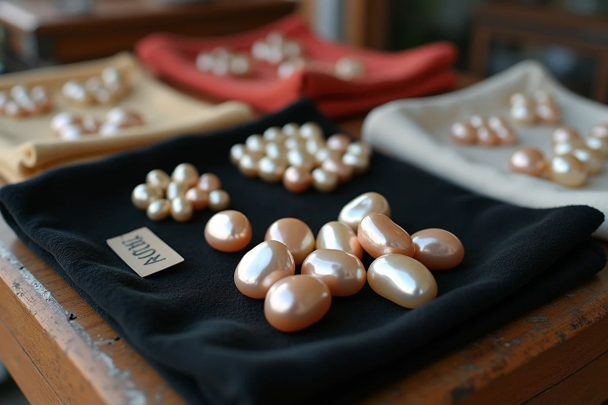 Étalage de perles huîtres à vendre sur un marché artisanal avec étiquettes de prix et velours sombre