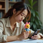 Femme examinant attentivement une figurine Labubu pour vérifier son authenticité avant achat
