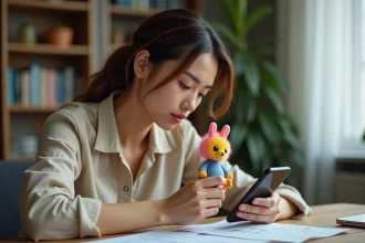Femme examinant attentivement une figurine Labubu pour vérifier son authenticité avant achat
