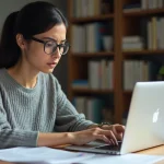 Femme vérifiant des sources en ligne sur deux ordinateurs portables pour distinguer les fausses informations des faits vérifiés sur une encyclopédie collaborative