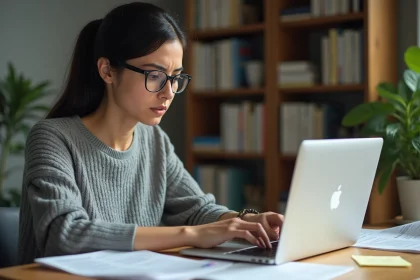 Femme vérifiant des sources en ligne sur deux ordinateurs portables pour distinguer les fausses informations des faits vérifiés sur une encyclopédie collaborative