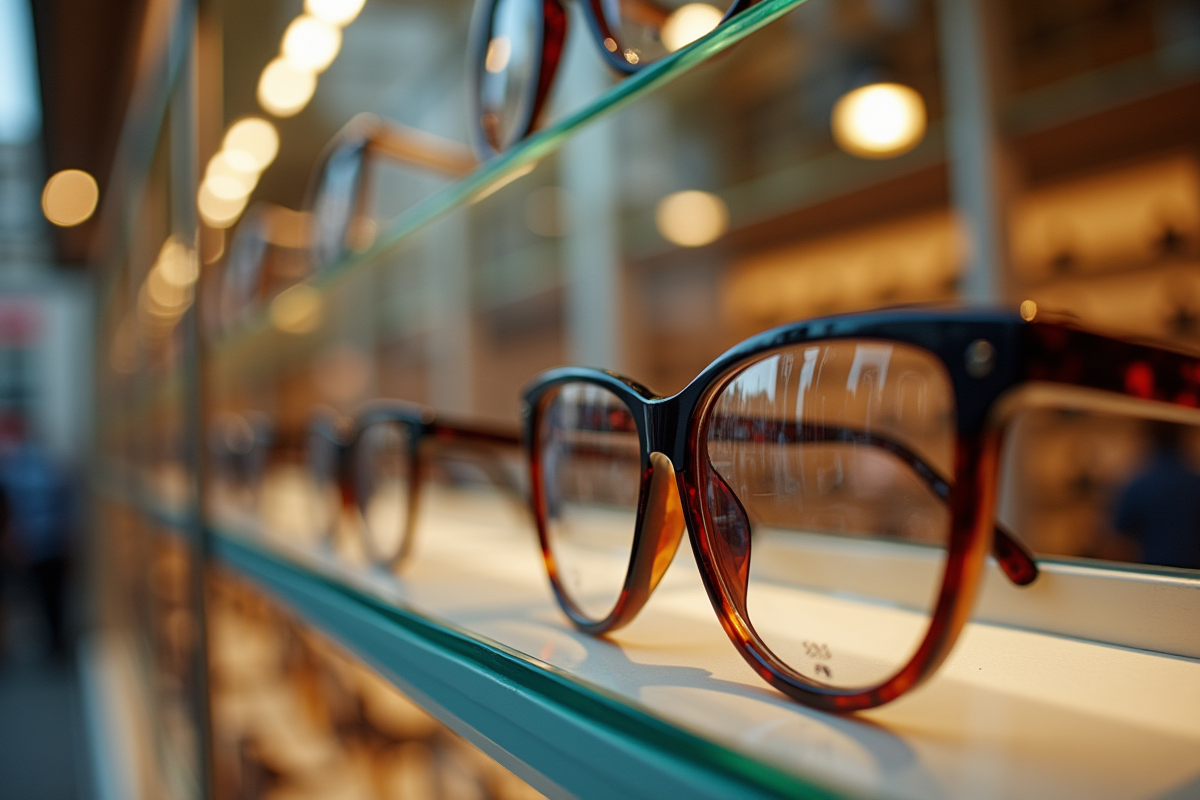 Vitrine avec montures de lunettes design dans une boutique parisienne