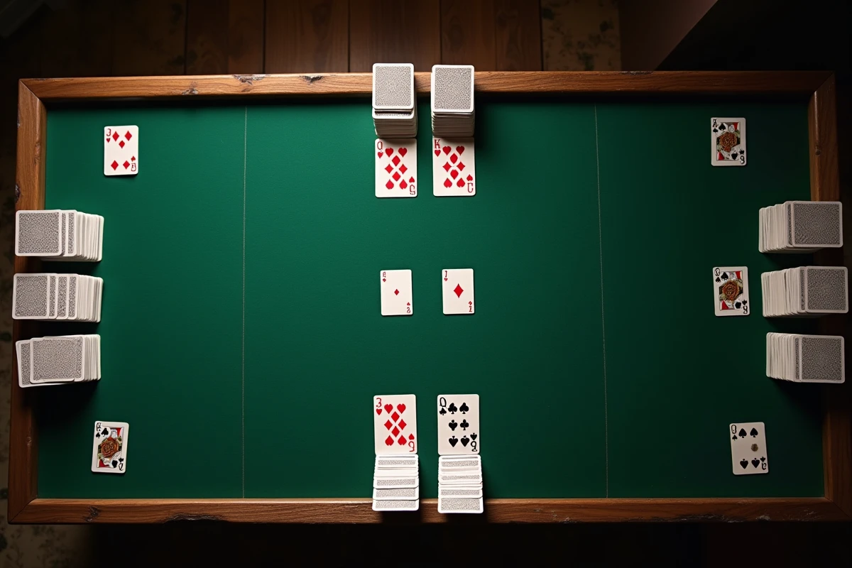 Vue aérienne des cartes disposées pour une partie de crapette sur un tapis de jeu vert avec les piles bien organisées