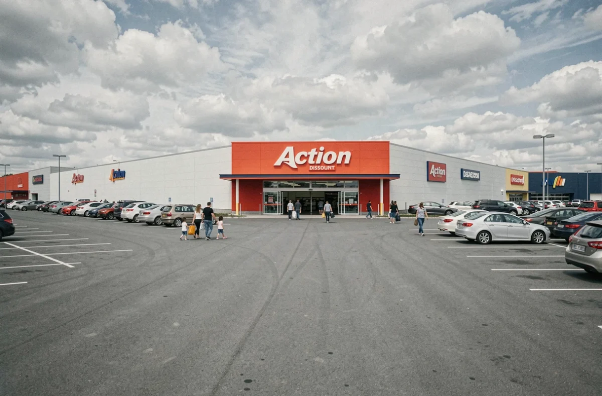 Vue extérieure d'un magasin Action dans une zone commerciale le dimanche avec des clients à l'entrée